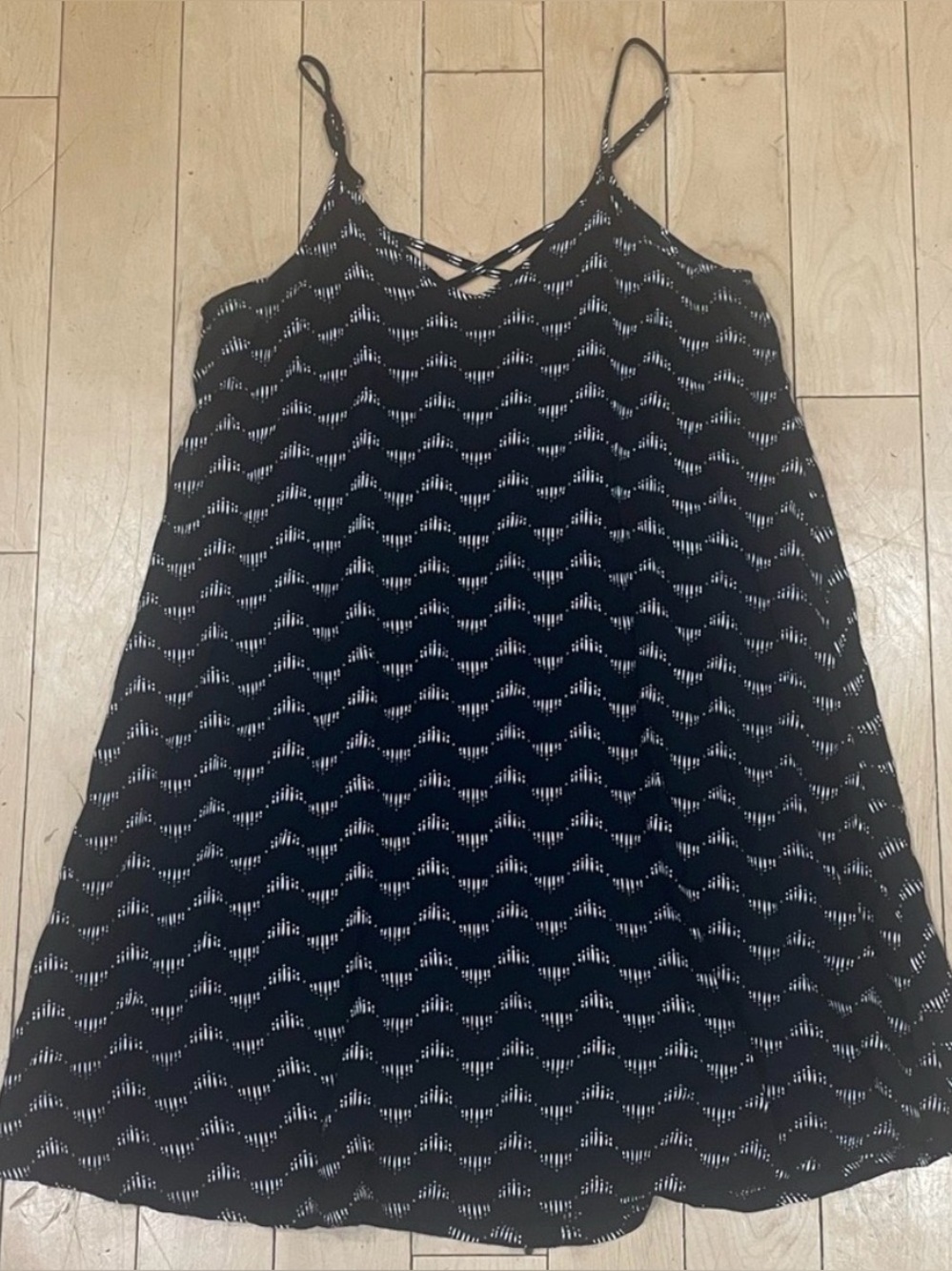 Black Mini Slip Dress with Wave Dot Pattern